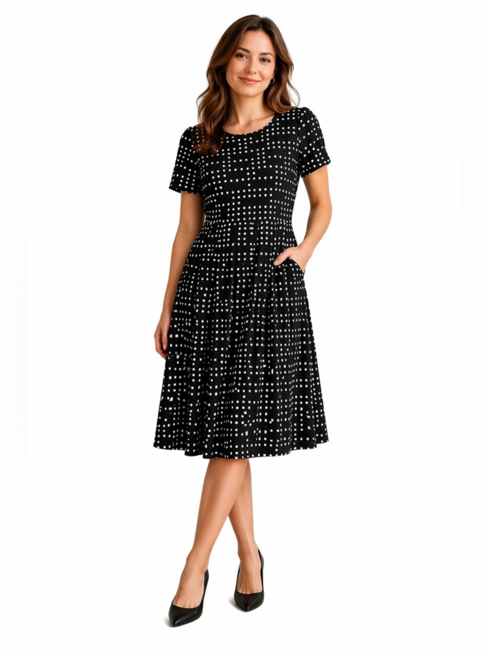 Black & White Square Pattern Short Sleeve Back Zip Dress XL Amelia